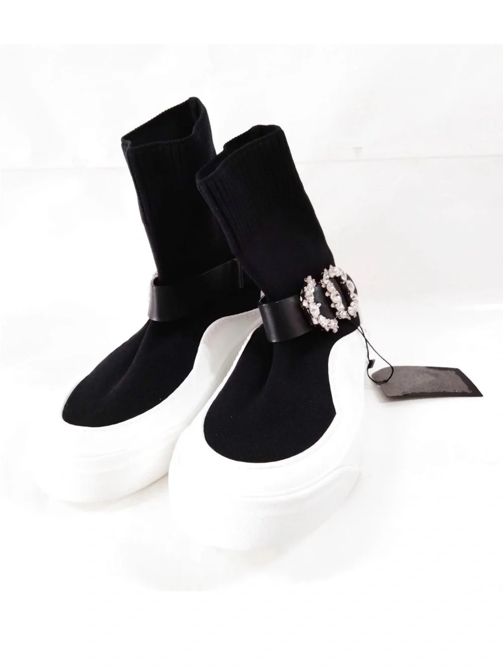 Jimmy Choo Black Sock-Style Platform Sneakers with Crystal Buckle Accent